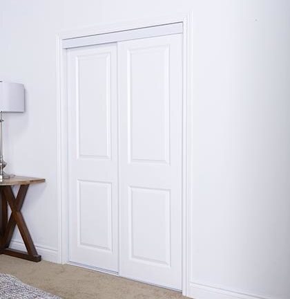 Sliding Bypass Door With Primed 2 Panel Square Top Design Insert