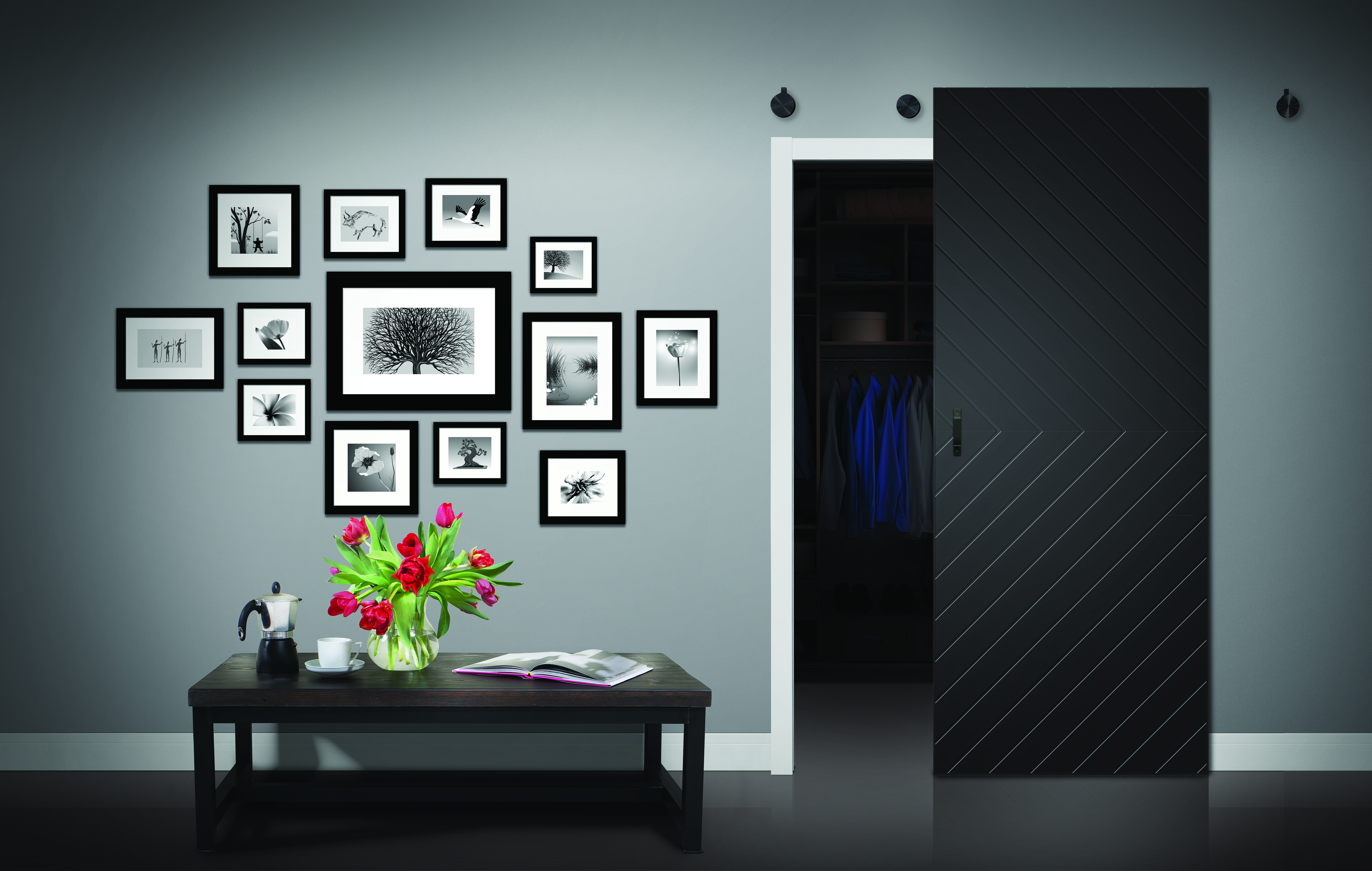 Close up of closed wooden door in the empty room with copy space