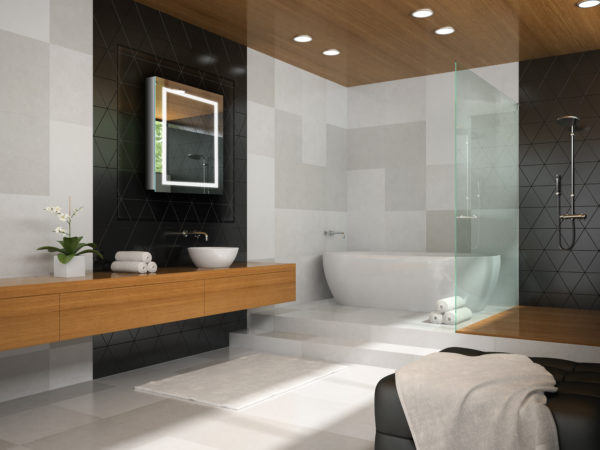Interior of bathroom with wooden ceiling 3D rendering 4