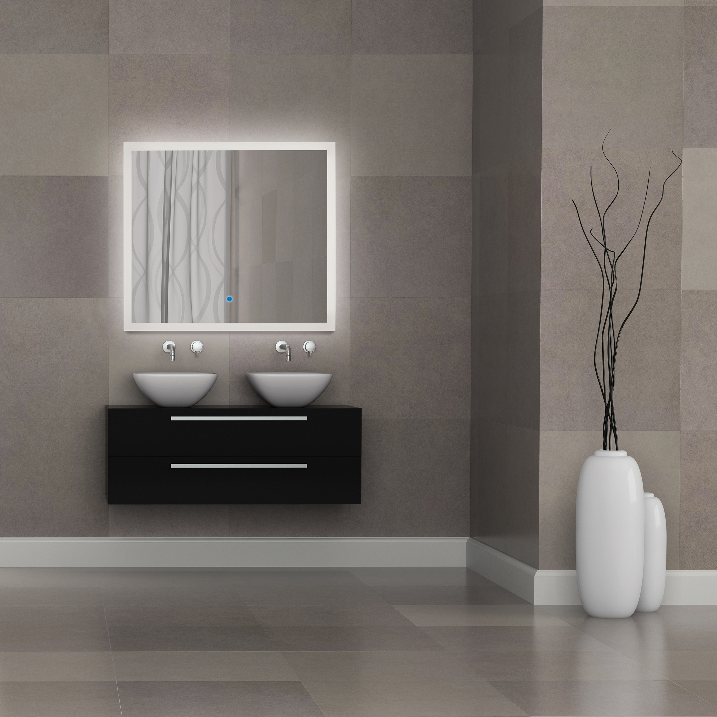 Landscape 36" x 32" Backlit Rectangular Mirror in modern bathroom with granite tile walls