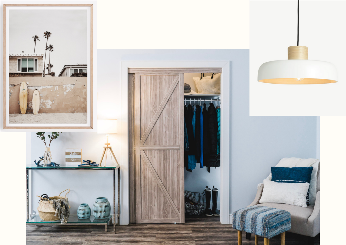 Collage of three images. Main image is wood K design sliding closet door in a rustic bedroom. Next image is a large picture frame with a beach image. Final image is a modern white hanging light.