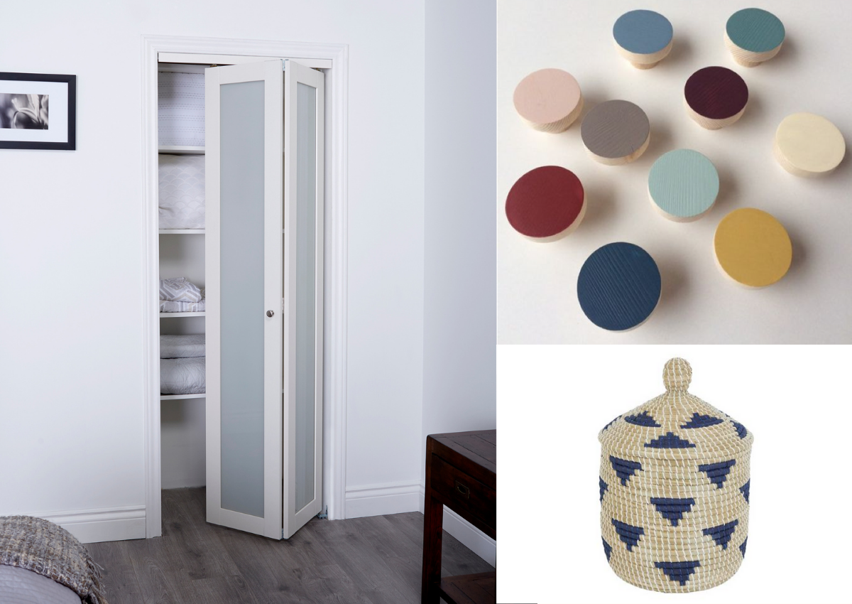 Collage of white Bifold bedroom Closet Door, colourful circular drawer nobs on a white background and a blue and beige fabric basket on a white background.