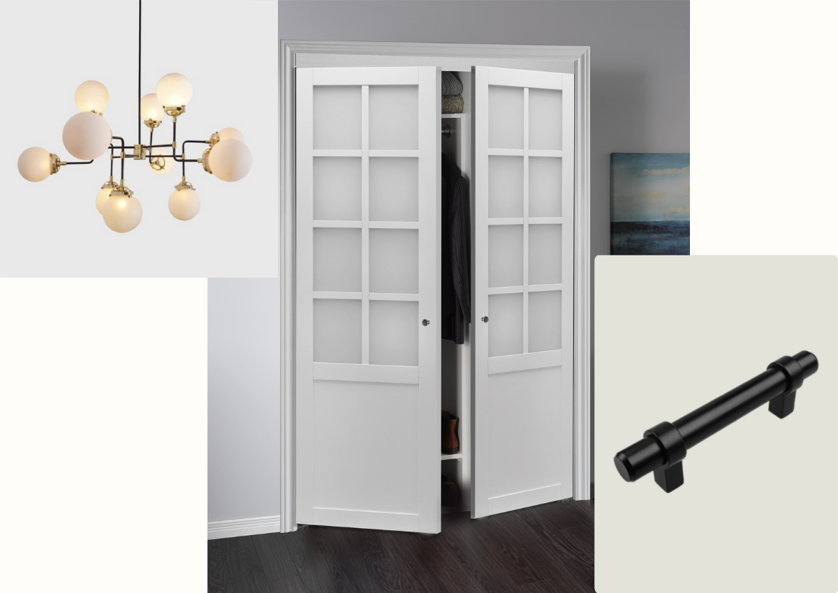Collage of modern white chandler, White pivot closet doors and black barn door hardware.