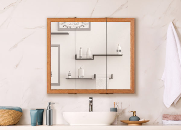 Kingswood 30" x 26" Surface Mount Tri-View Mirror Medicine Cabinet in a neutral bathroom