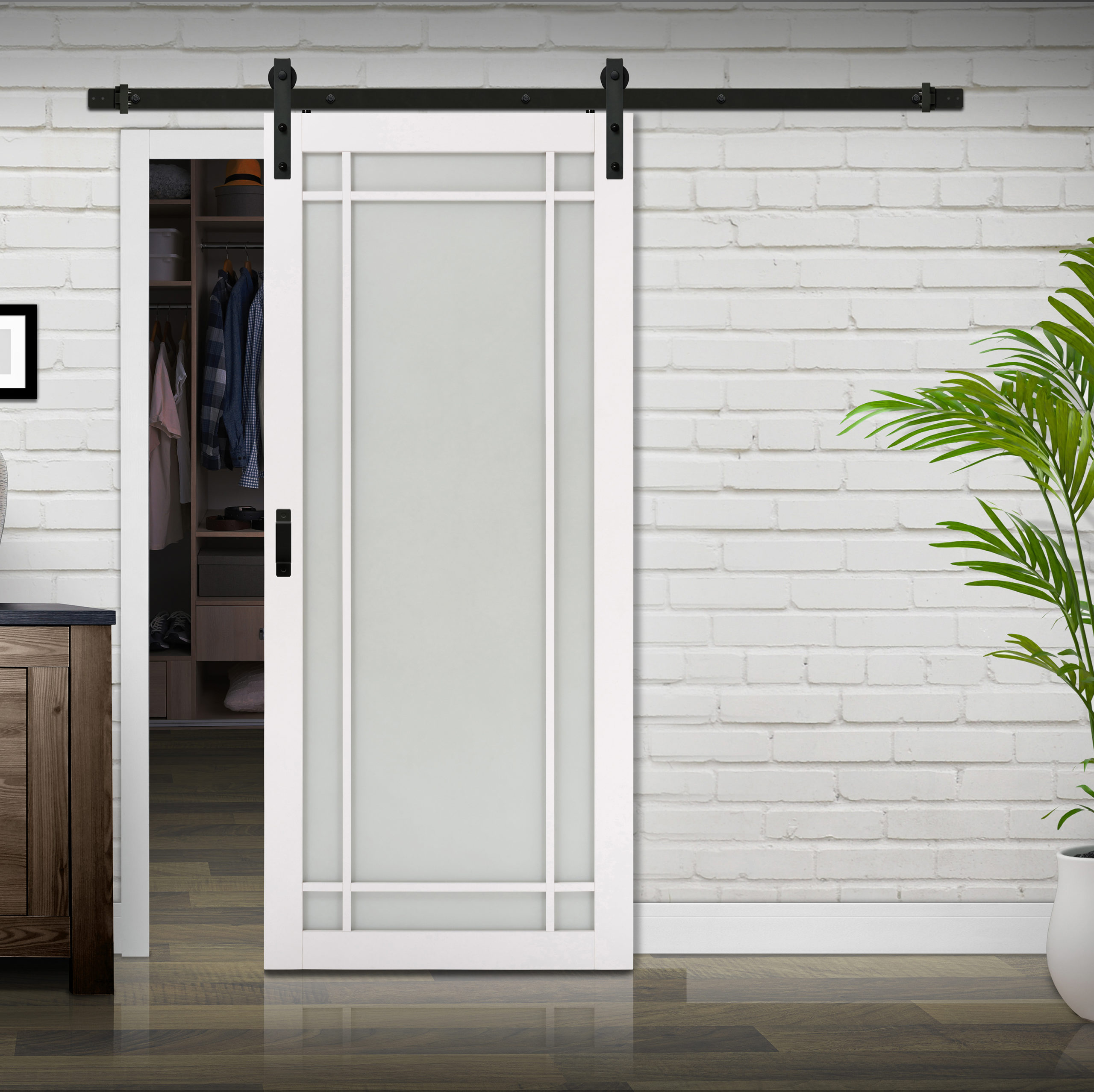 Augusta 1-Lite Framed Mullion Design Complete Barn Door Kit with Mix and Match Hardware