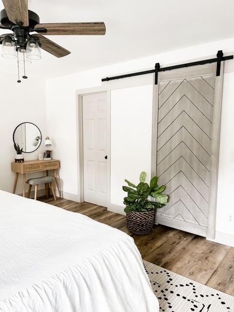 Herringbone Chevron-Design Barn Door Kit with Soft Close Painted in Sherwin Williams Agreeable Gray by Stacy Smith