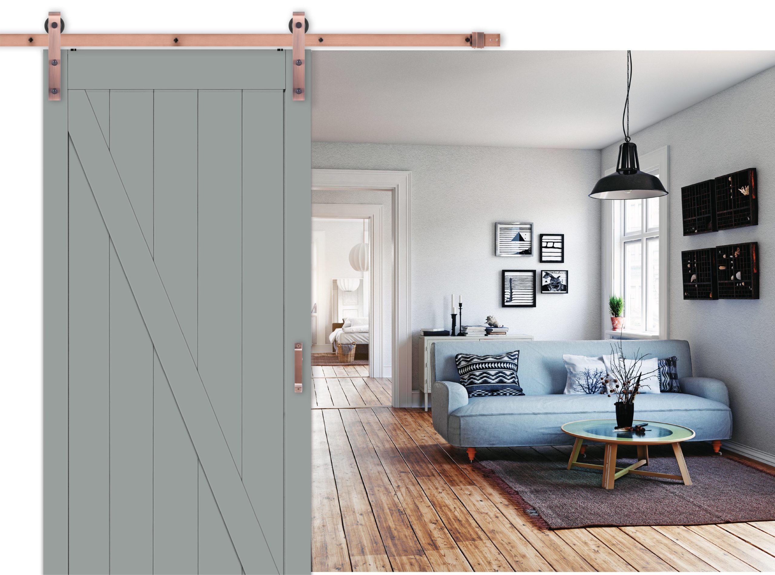 A barn door painted with Boothbay Gray Benjamin Moore HC-165, in a warm white living room with a touch of blue.
