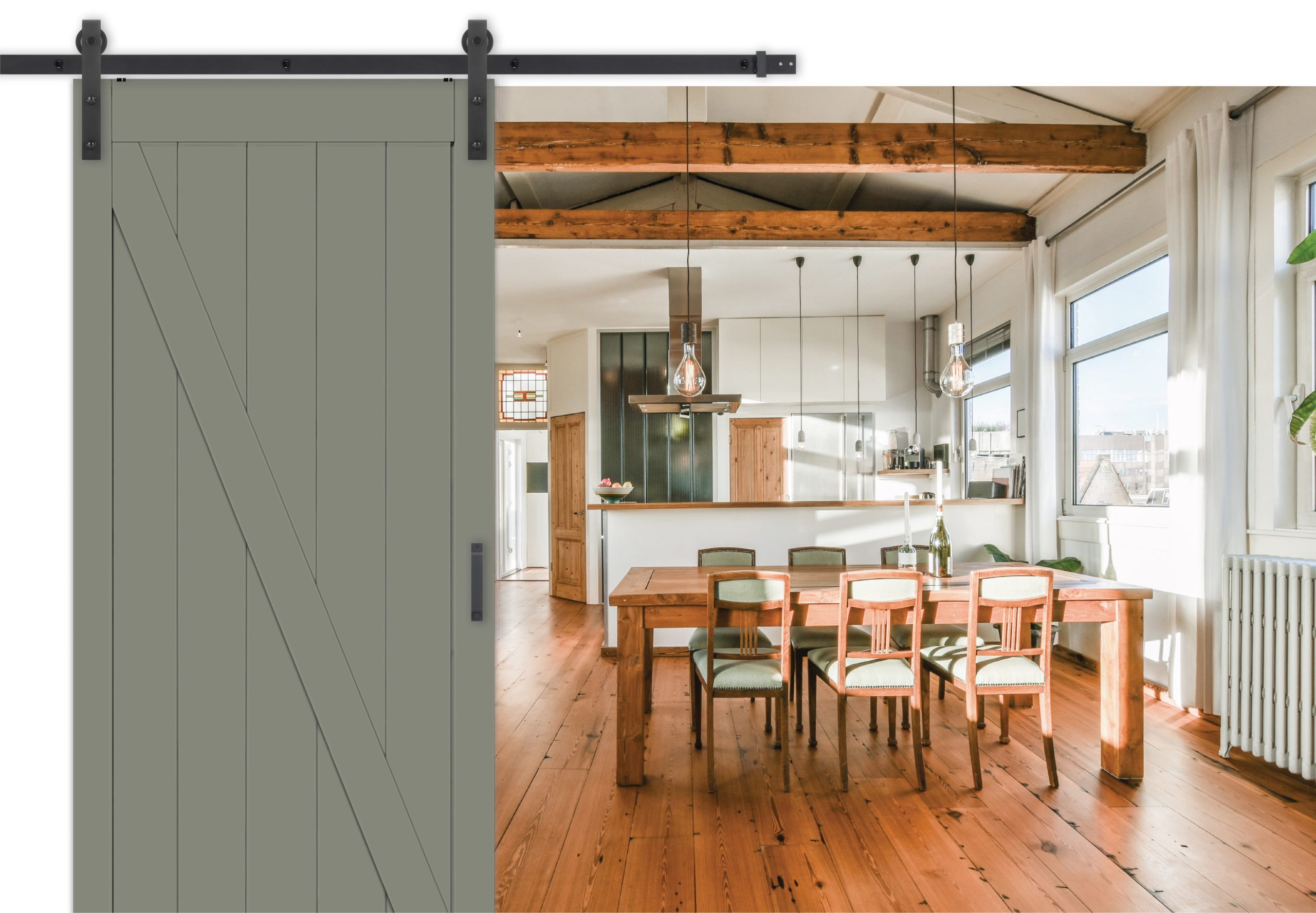 A barn door painted with Evergreen Fog 9130 by Sherwin Williams, in a dining room with an organic finish and a mix of green.